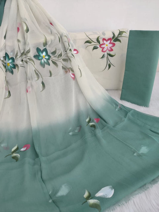 HAND PAINTED COTTON SUIT WITH PURE CHIFFON DUPATTA