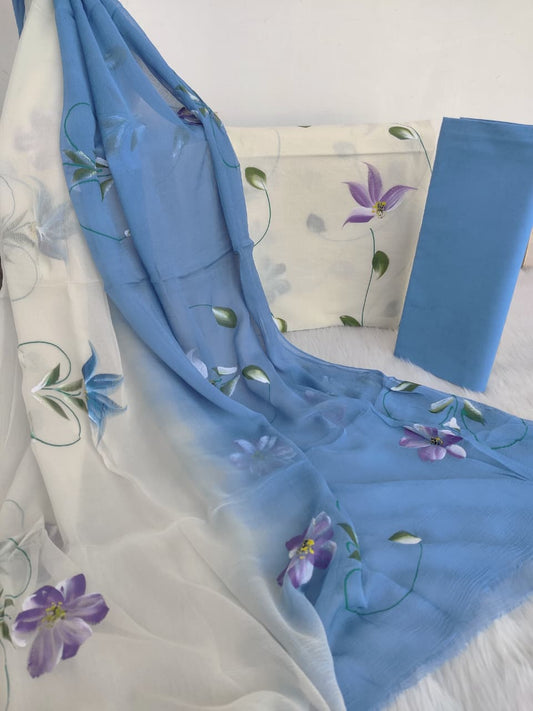 HAND PAINTED COTTON SUIT WITH PURE CHIFFON DUPATTA