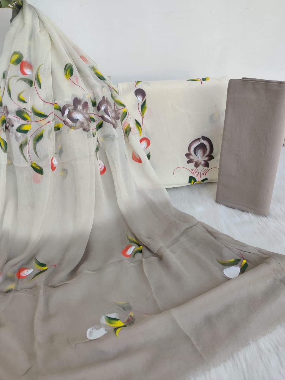 HAND PAINTED COTTON SUIT WITH PURE CHIFFON DUPATTA