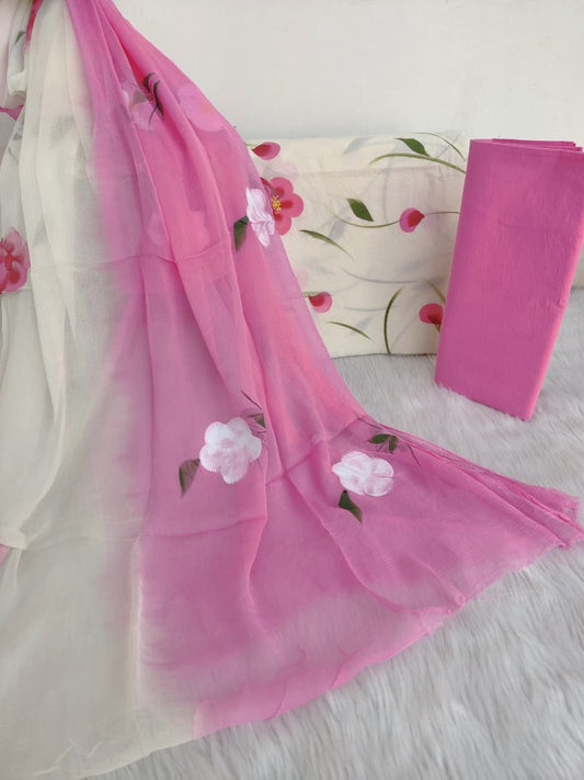HAND PAINTED COTTON SUIT WITH PURE CHIFFON DUPATTA