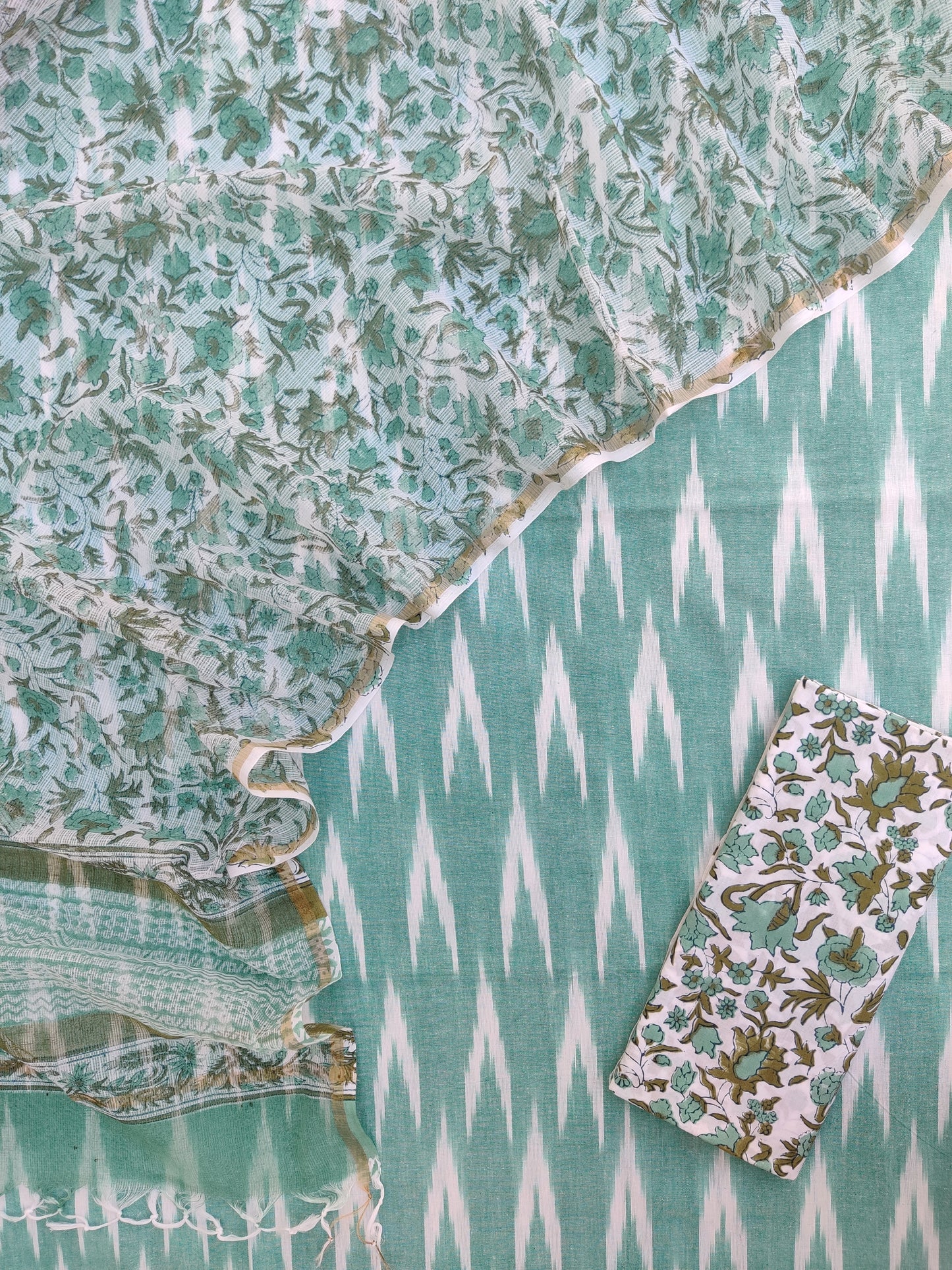 Handloom Weave Ikat Suit with Kota Doria Dupatta