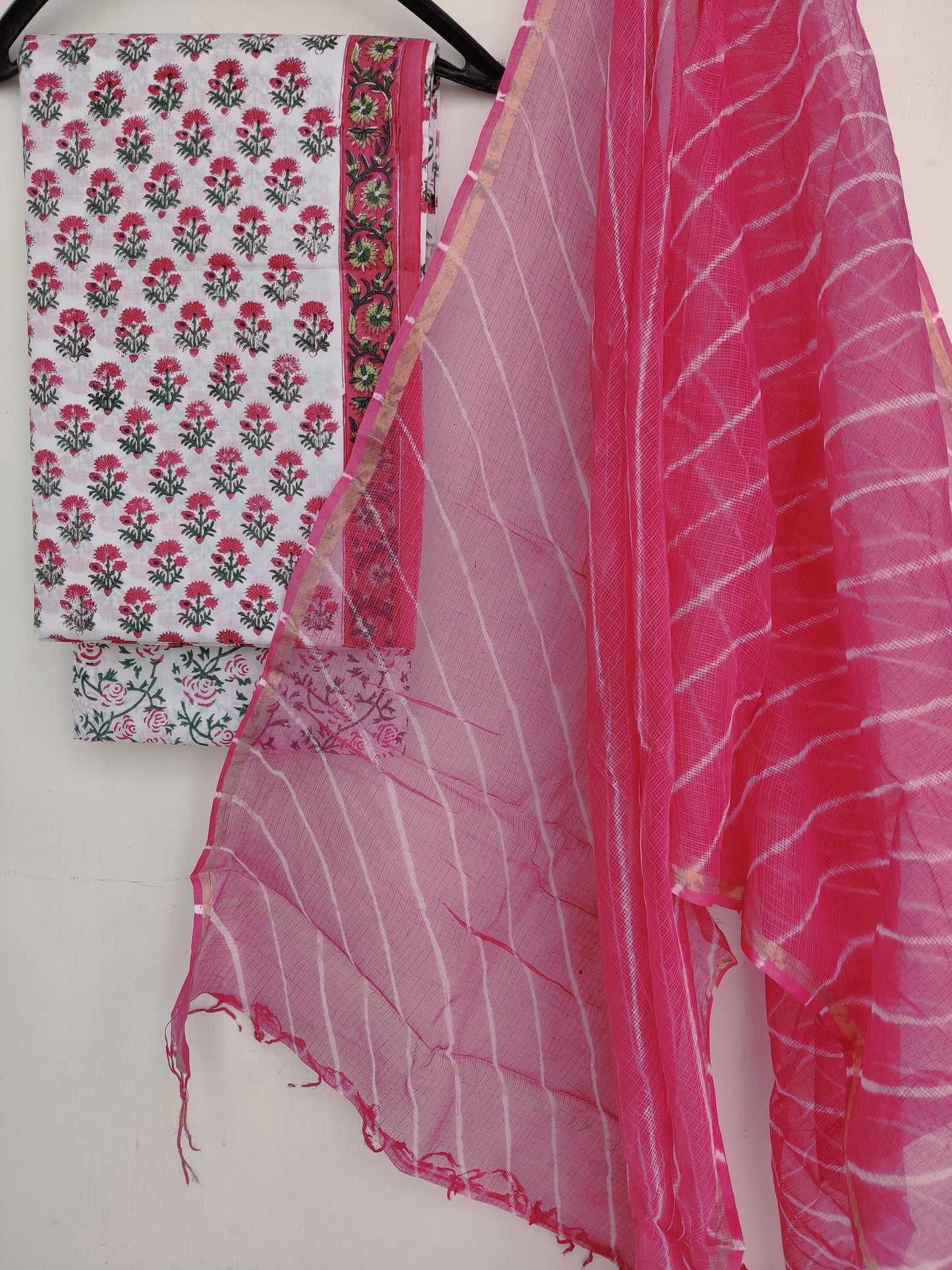 (SALE) Hand Block Printed Cotton Suit with Cotton Kota Doria dupatta
