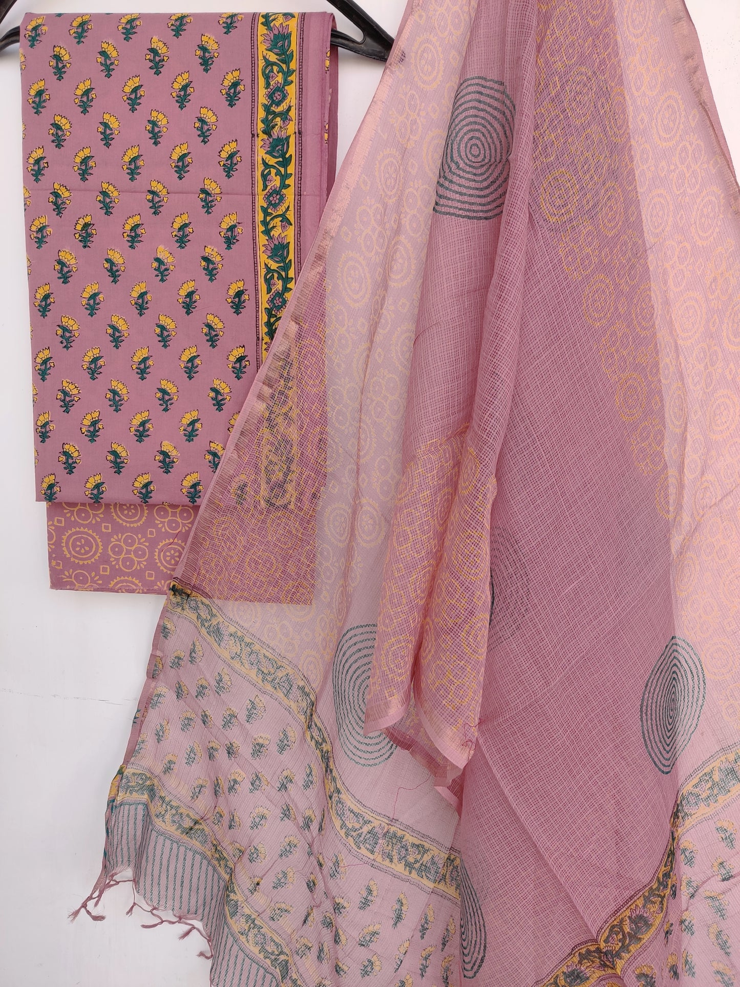 (SALE) Hand Block Printed Cotton Suit with Cotton Kota Doria dupatta