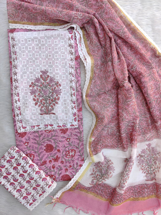 (SALE) HANDBLOCK PRINTED BOOTA PRINT WORK SUITS WITH KOTA DORIA DUPATTA