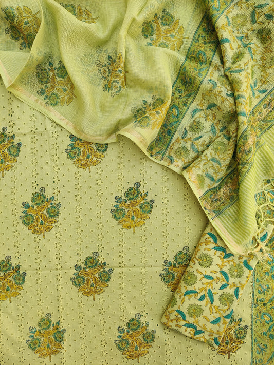 Hand Block Printed Cotton Schiffli Suit with Kota Doria Dupatta