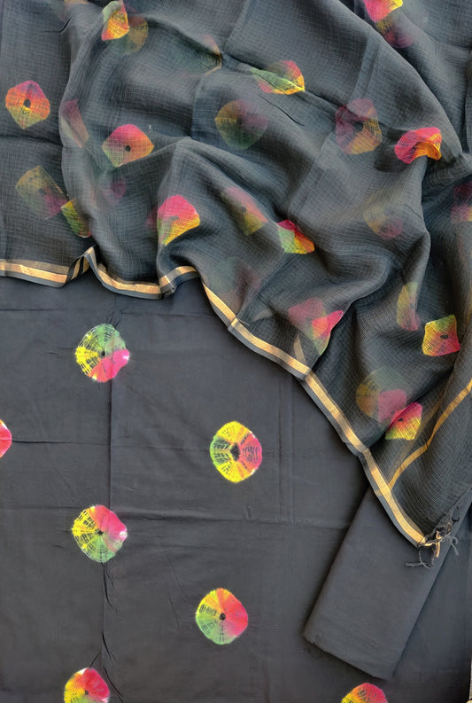 Hand Block Printed Cotton Suit with Cotton Kota Doria dupatta