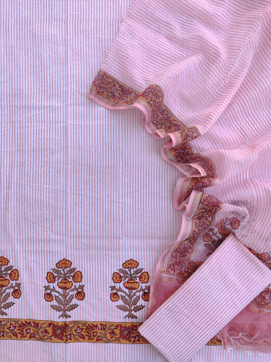 Boota Hand Block Printed Cotton Suit with Cotton Kota Doria dupatta