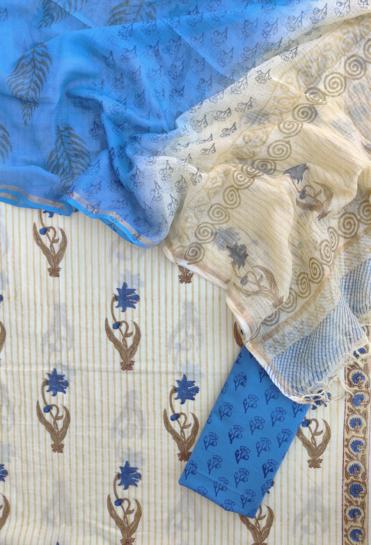 Hand Block Printed Cotton Suit with Cotton Kota Doria dupatta