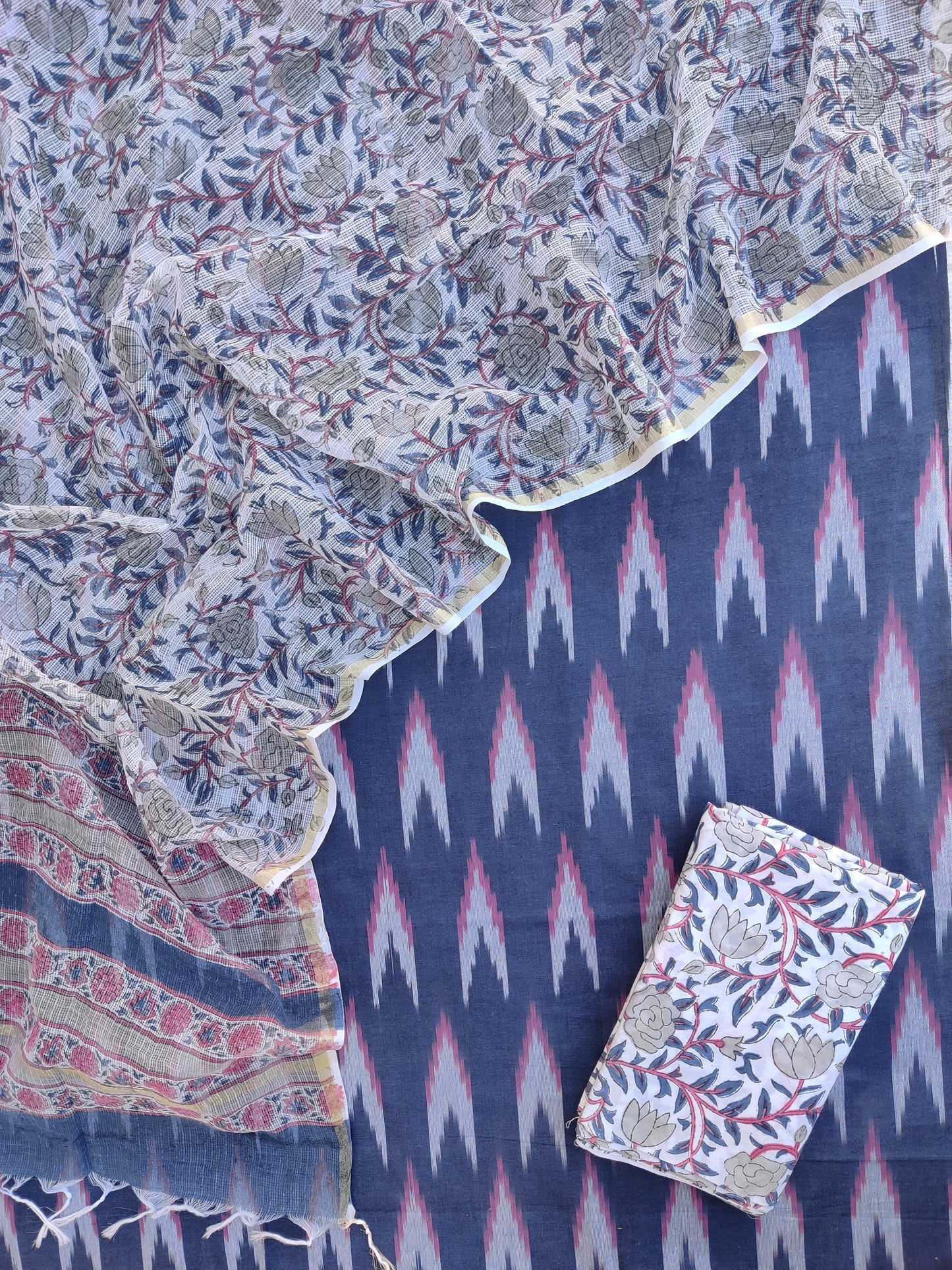 Handloom Weave Ikat Suit with Kota Doria Dupatta