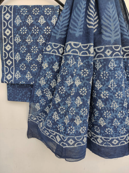 Indigo Cotton Block Printed Cotton Suit with mulmul cotton Dupatta