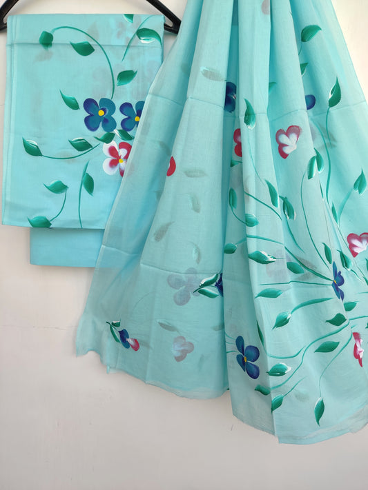 Hand Painted Cotton Block Printed Cotton Suit with mulmul cotton Dupatta