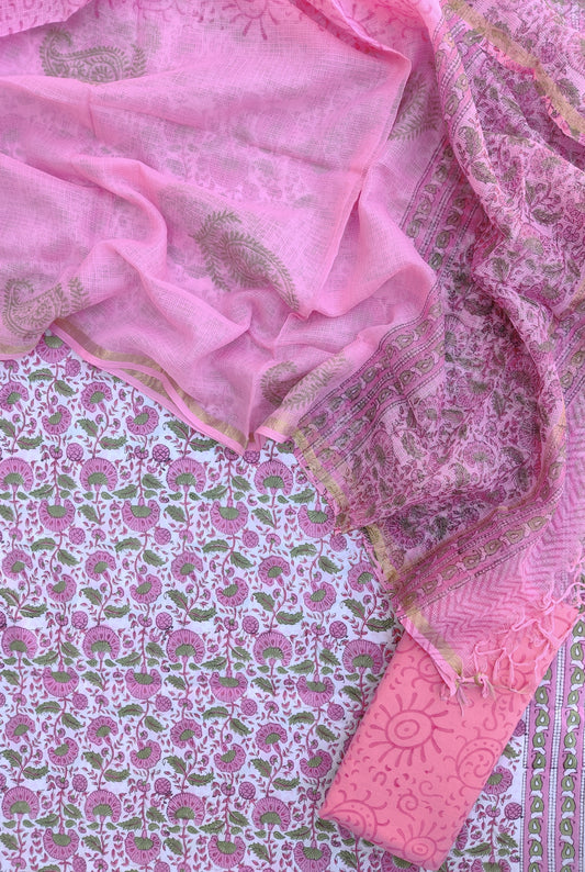 Hand Block Printed Cotton Suit with Cotton Kota Doria dupatta