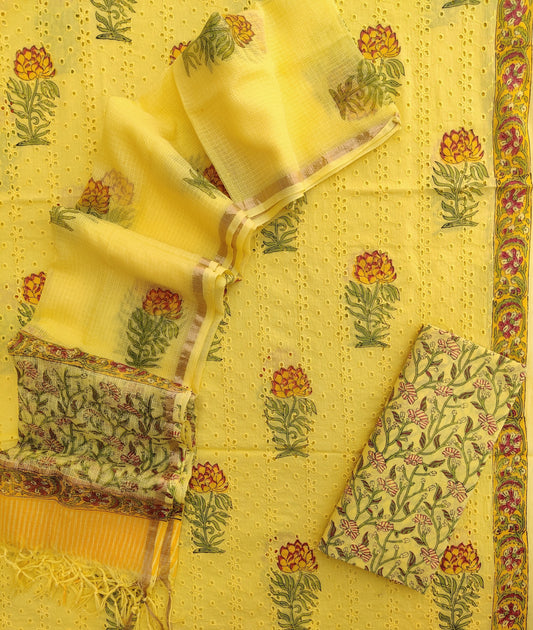 Hand Block Printed Cotton Schiffli Suit with Kota Doria Dupatta