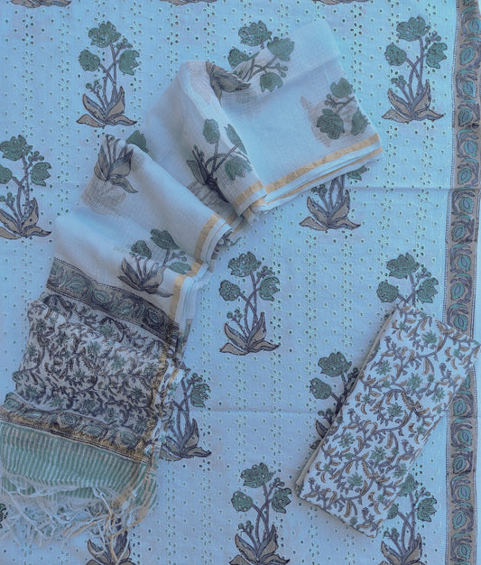 Hand Block Printed Cotton Schiffli Suit with Kota Doria Dupatta