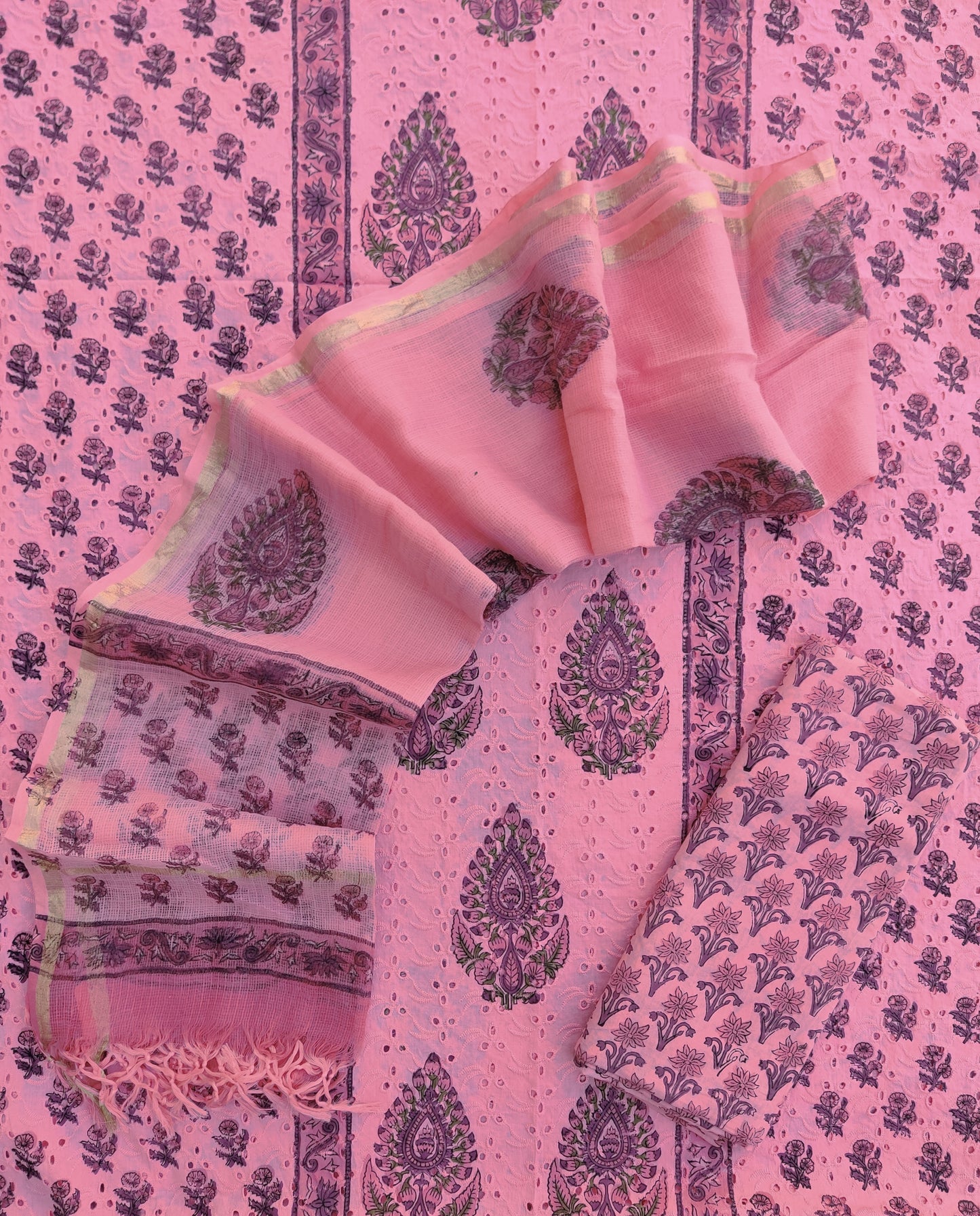 Hand Block Printed Cotton Schiffli Suit with Kota Doria Dupatta