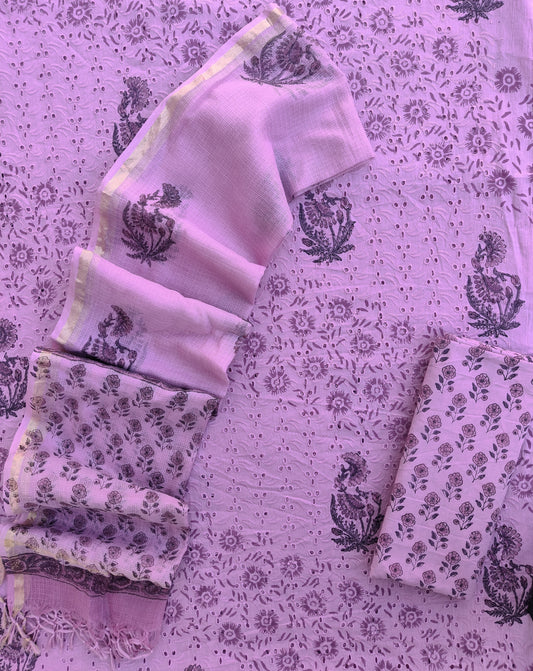 Hand Block Printed Cotton Schiffli Suit with Kota Doria Dupatta