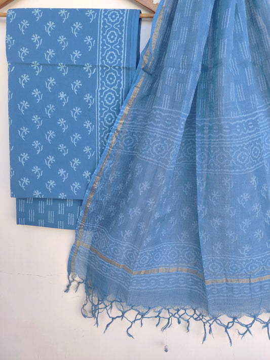 Discharge Hand Block Printed Cotton Suit with Cotton Kota Doria dupatta6.