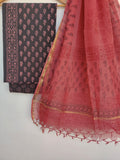 Discharge Hand Block Printed Cotton Suit with Cotton Kota Doria dupatta6.