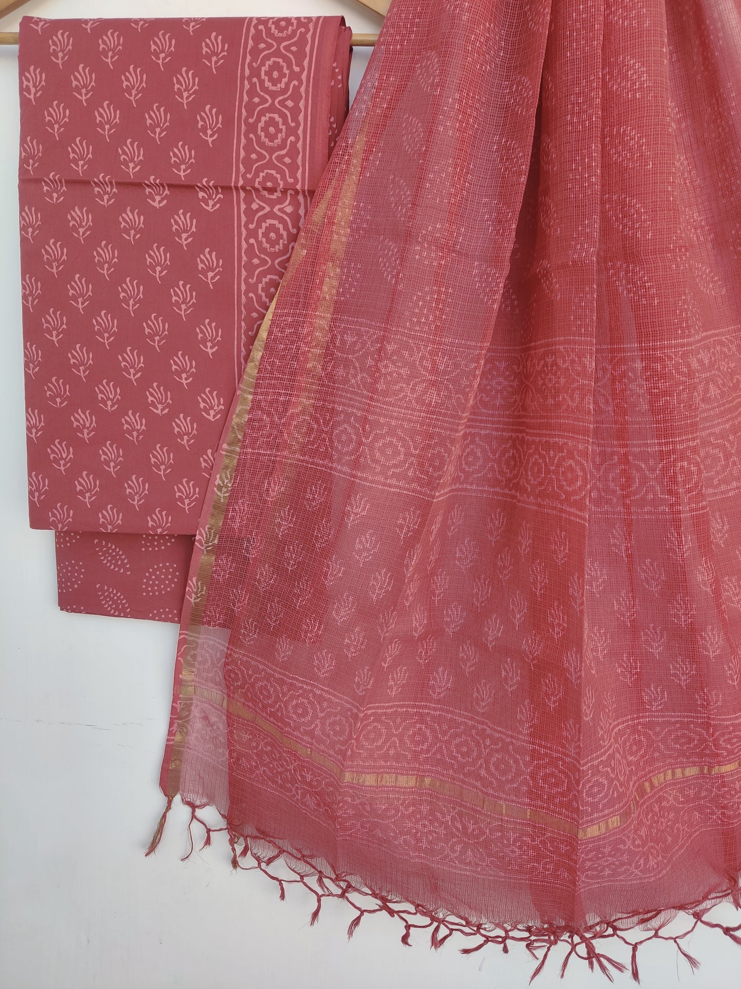 Discharge Hand Block Printed Cotton Suit with Cotton Kota Doria dupatta6.