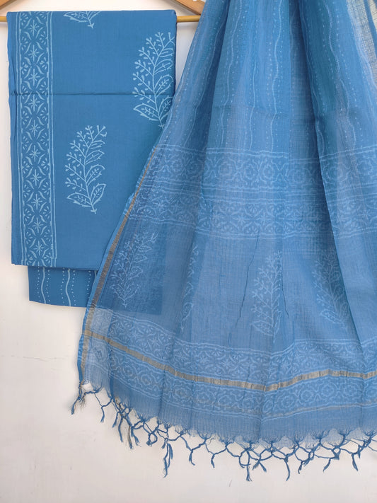 Discharge Hand Block Printed Cotton Suit with Cotton Kota Doria dupatta6.