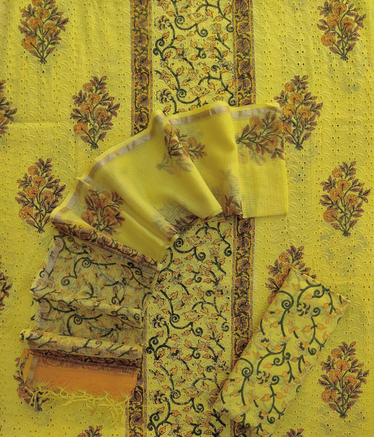 Hand Block Printed Cotton Schiffli Suit with Kota Doria Dupatta