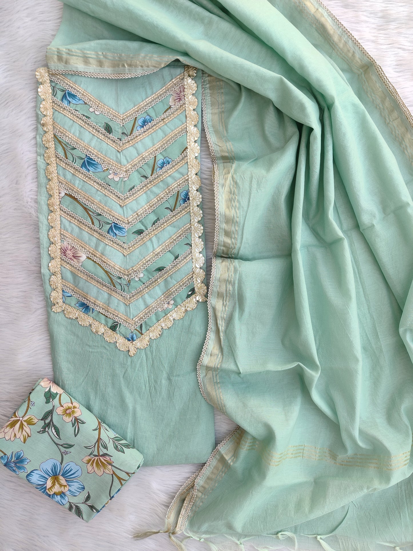 (SALE)                                     ELEGANT CHANDERI NECK WORK SUIT SET WITH CHANDERI DUPATTA