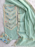 (SALE)                                     ELEGANT CHANDERI NECK WORK SUIT SET WITH CHANDERI DUPATTA