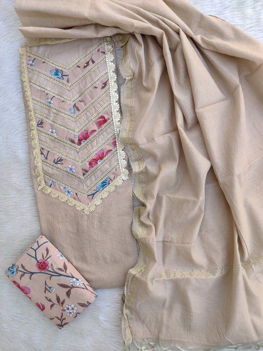 NEW LAUNCH                                    ELEGANT CHANDERI NECK WORK SUIT SET WITH CHANDERI DUPATTA