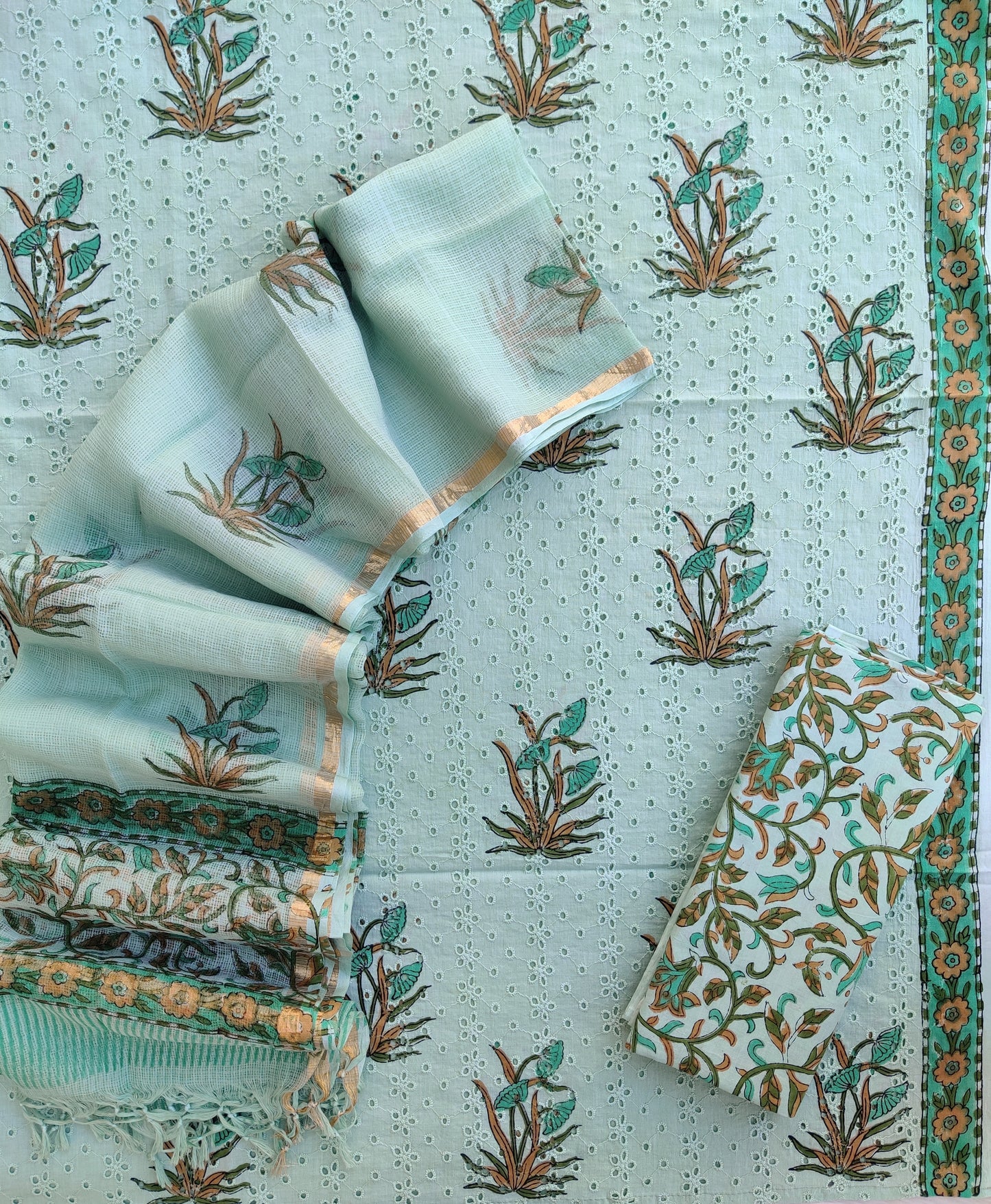 Hand Block Printed Cotton Schiffli Suit with Kota Doria Dupatta
