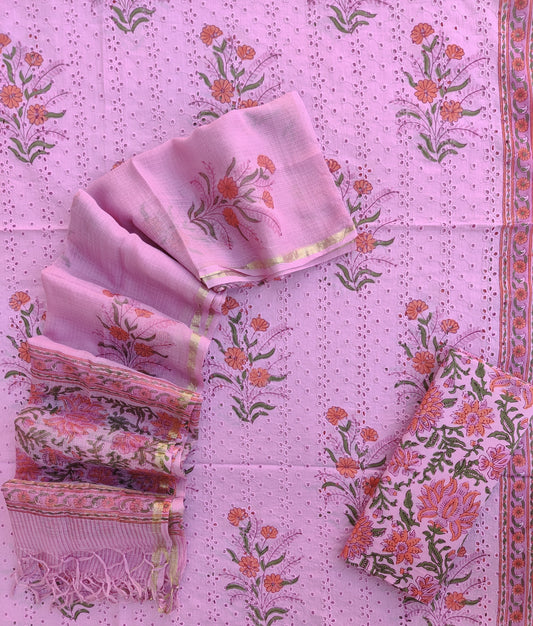 Hand Block Printed Cotton Schiffli Suit with Kota Doria Dupatta