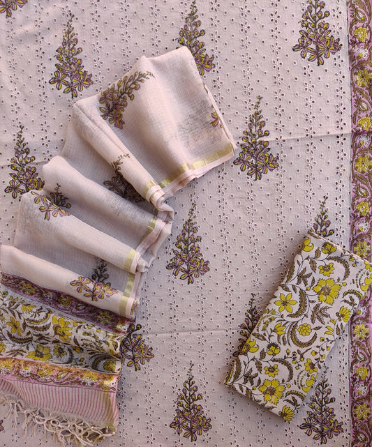 Hand Block Printed Cotton Schiffli Suit with Kota Doria Dupatta