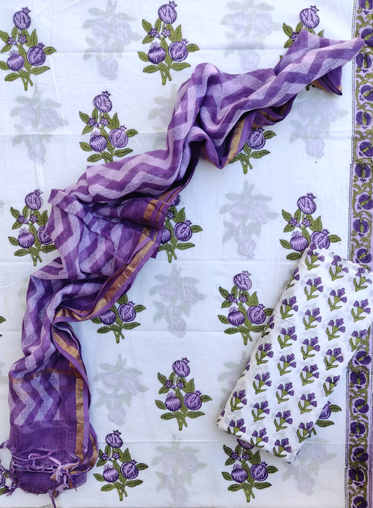 Hand Block Printed Cotton Suit with Cotton Kota Doria dupatta