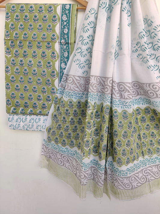 Hand Block Printed Cotton Suit With Mulmul Cotton Dupatta