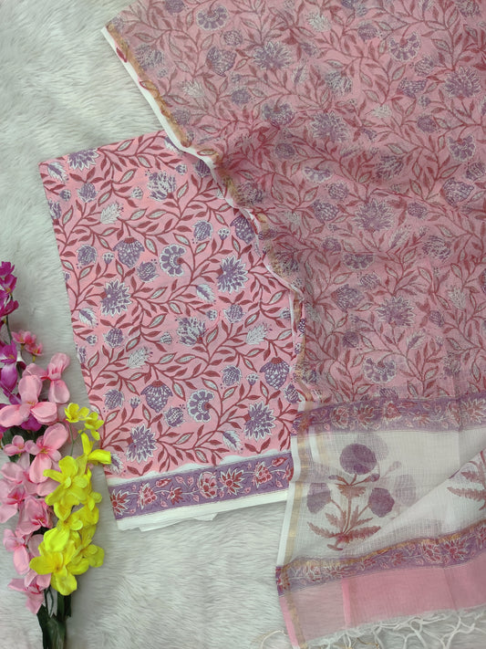 (All over) Hand Block Printed Cotton Suit with Cotton Kota Doria dupatta