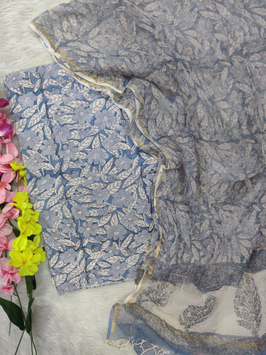 (All over) Hand Block Printed Cotton Suit with Cotton Kota Doria dupatta
