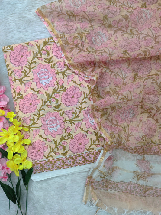 (All over) Hand Block Printed Cotton Suit with Cotton Kota Doria dupatta