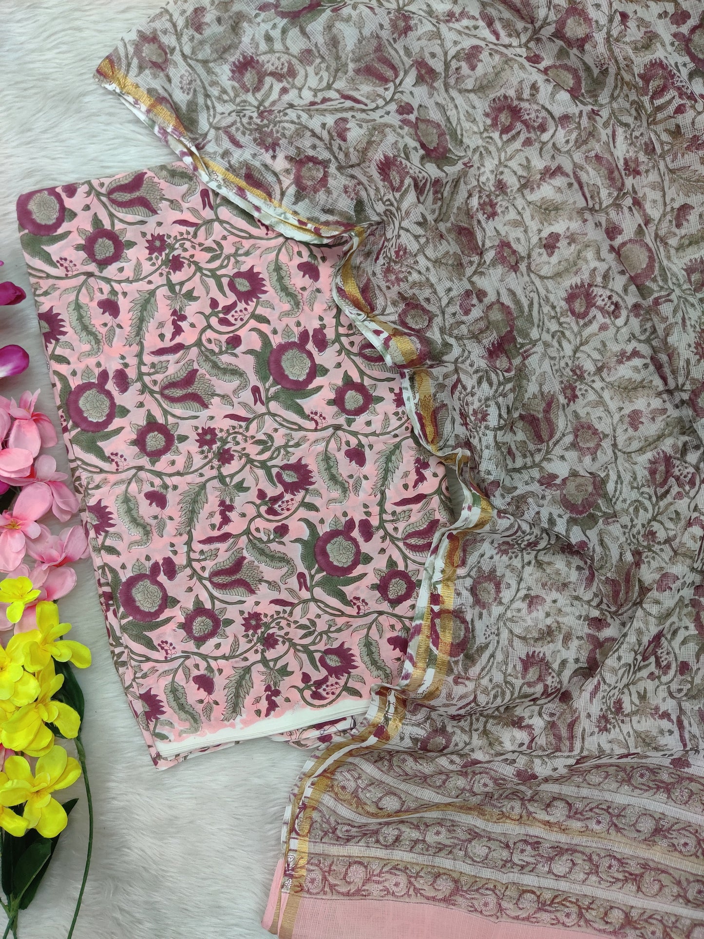 (All over) Hand Block Printed Cotton Suit with Cotton Kota Doria dupatta