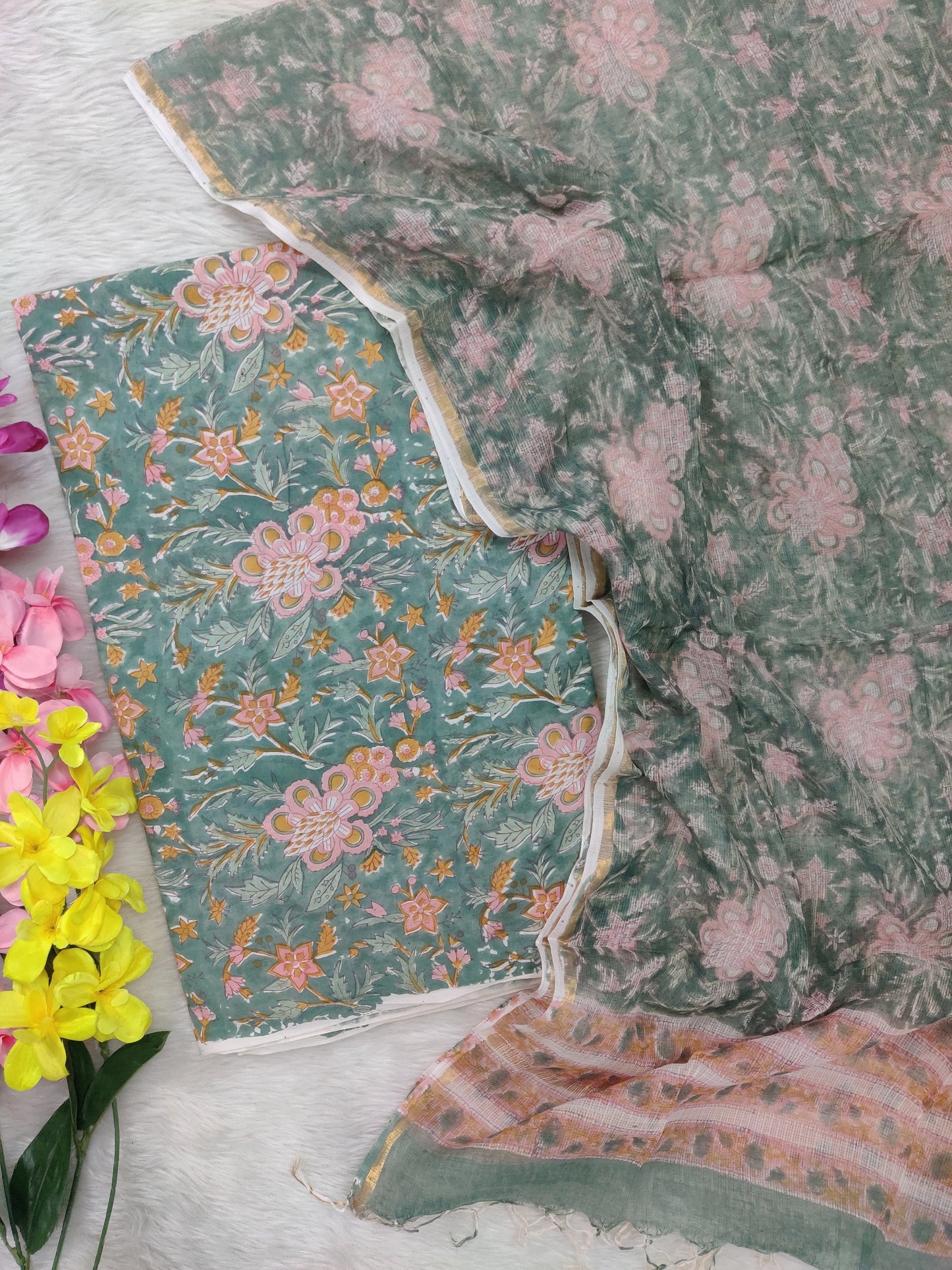 (All over) Hand Block Printed Cotton Suit with Cotton Kota Doria dupatta