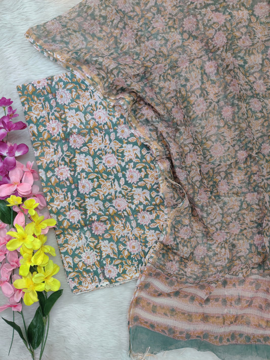 (All over) Hand Block Printed Cotton Suit with Cotton Kota Doria dupatta
