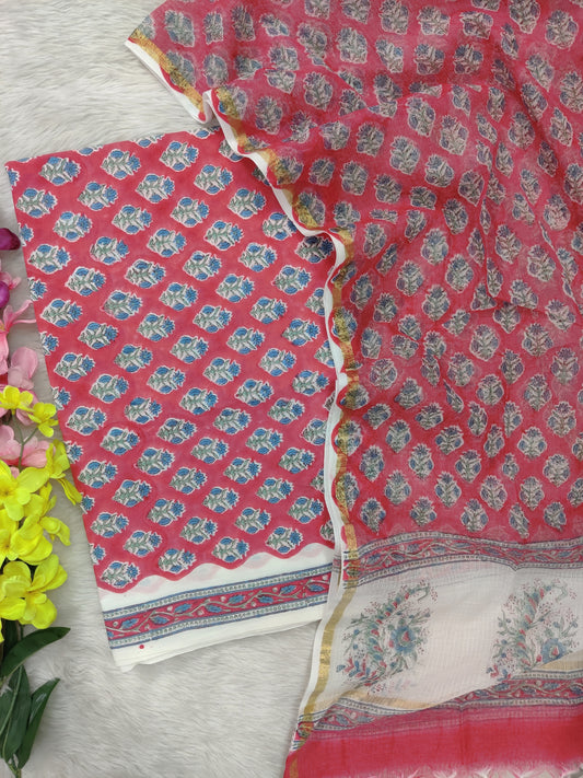 (All over) Hand Block Printed Cotton Suit with Cotton Kota Doria dupatta