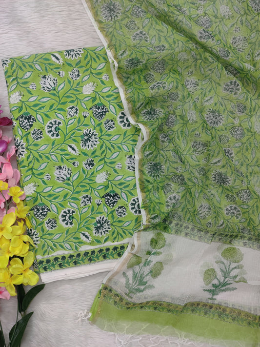 (All over) Hand Block Printed Cotton Suit with Cotton Kota Doria dupatta