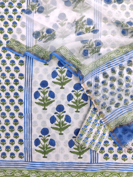 Boota Hand Block Printed Cotton Suit with Cotton Kota Doria dupatta