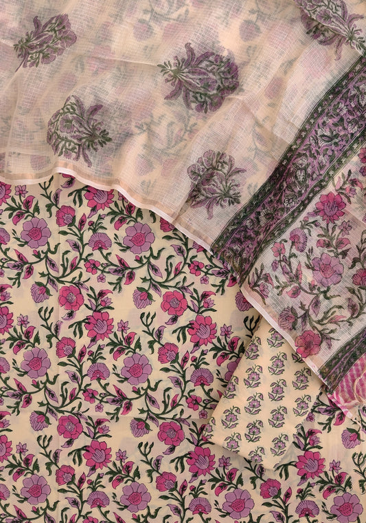 Hand Block Printed Cotton Suit with Cotton Kota Doria dupatta