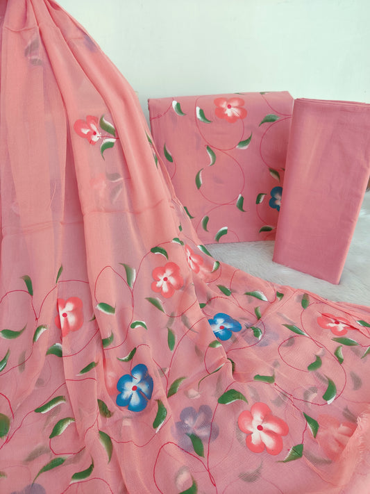 HAND PAINTED COTTON SUIT WITH PURE CHIFFON DUPATTA
