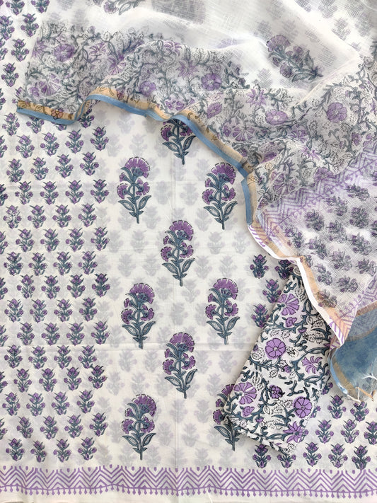 (BOOTA) Hand Block Printed Cotton Suit with Cotton Kota Doria dupatta