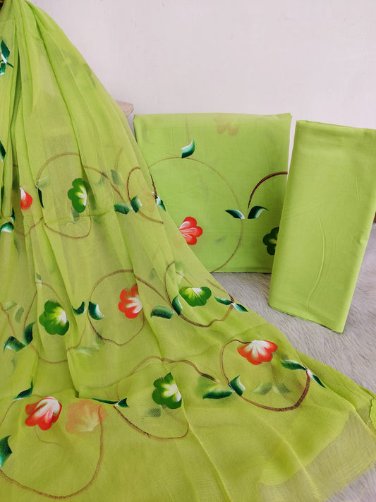 HAND PAINTED COTTON SUIT WITH PURE CHIFFON DUPATTA