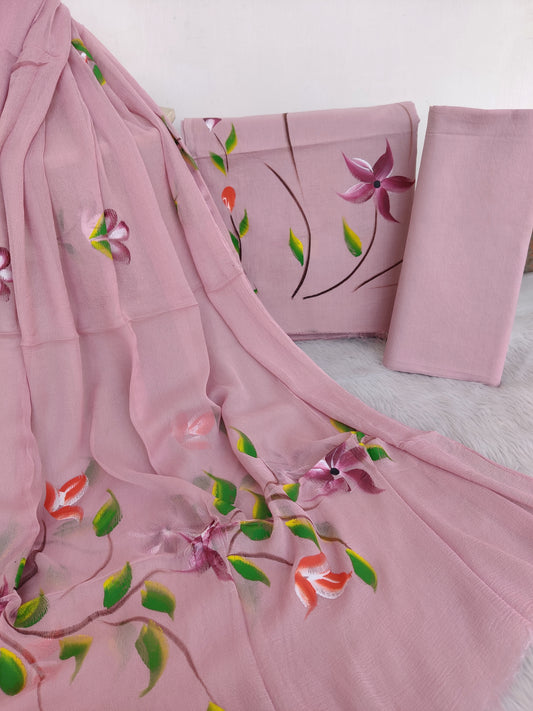 HAND PAINTED COTTON SUIT WITH PURE CHIFFON DUPATTA
