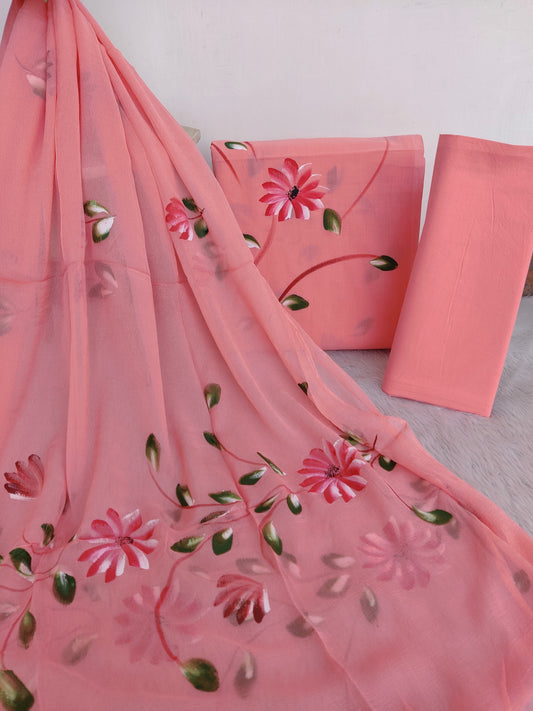 HAND PAINTED COTTON SUIT WITH PURE CHIFFON DUPATTA