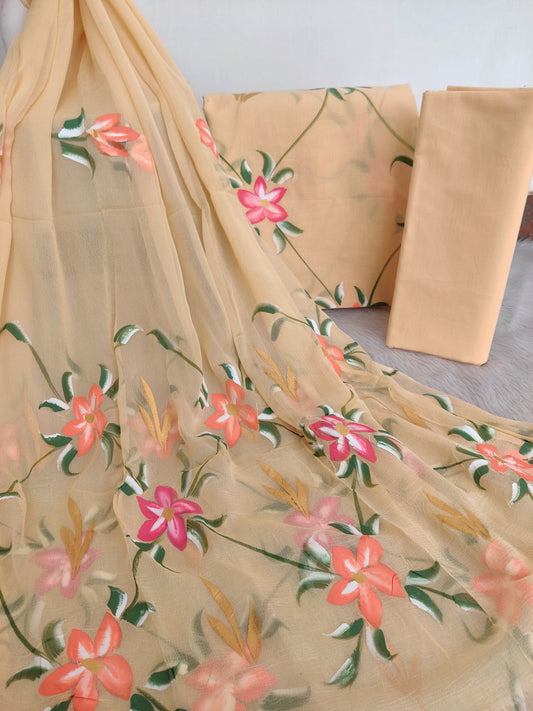 HAND PAINTED COTTON SUIT WITH PURE CHIFFON DUPATTA