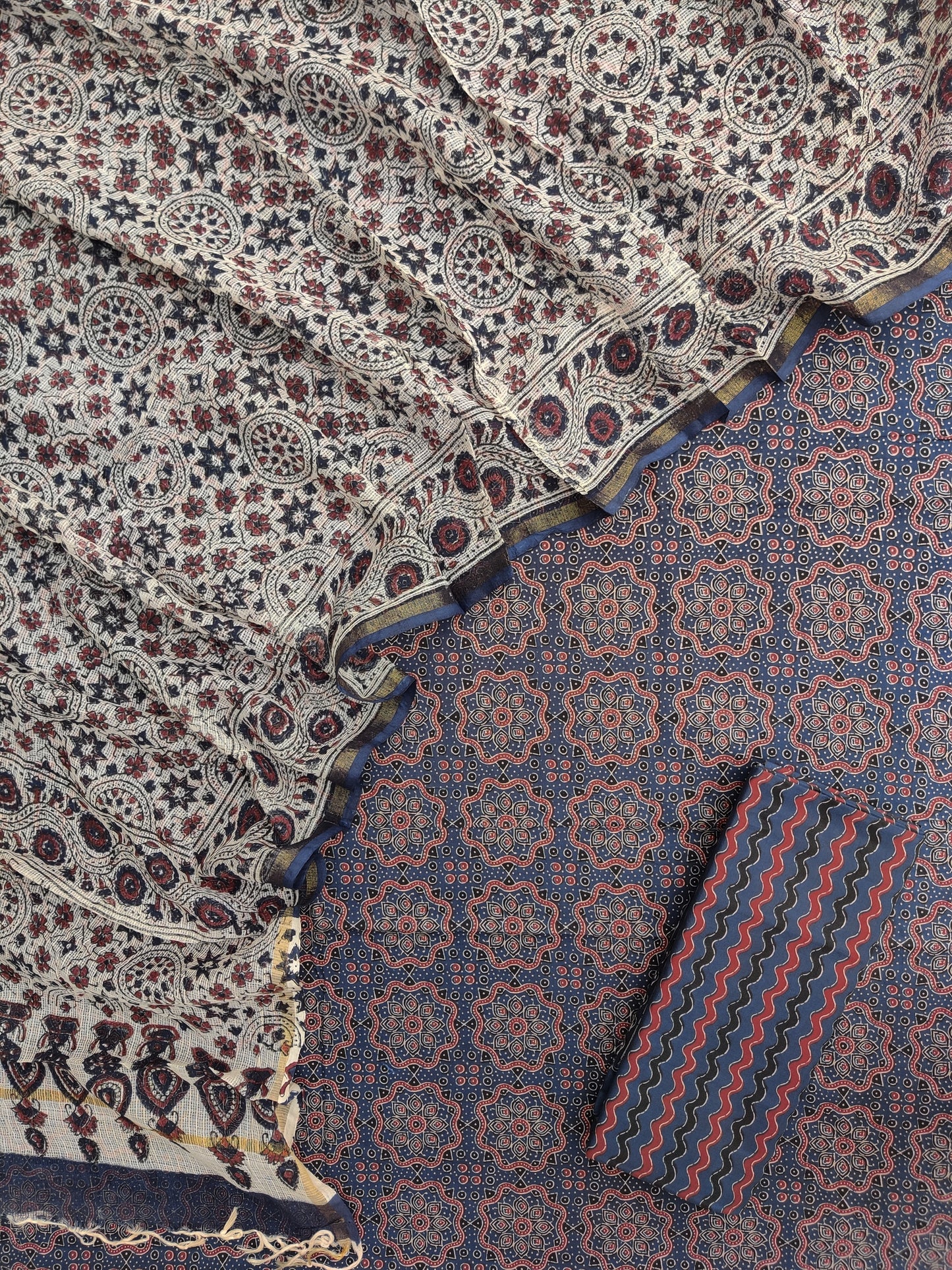 AJRAKH Printed Cotton Suit with Cotton Kota Doria dupattta
